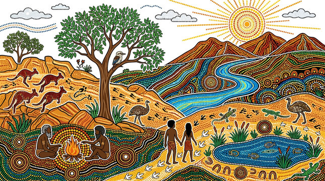 Vibrant aboriginal dot painting illustrating diverse Australian bushland wildlife, indigenous people, and their spiritual connection to the land and nature under a bright sun.