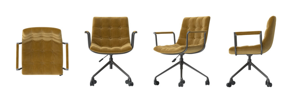 Modern mustard yellow velvet armchair with metal base and wheels