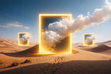 Digital rendering of a surreal desert with yellow portal squares absorbing white clouds in clear daylight