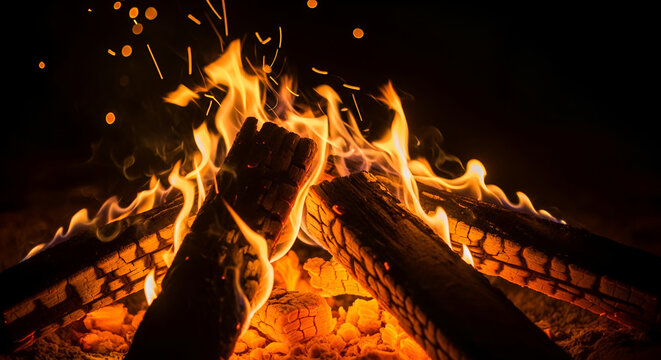 Close-up of a vibrant bonfire with glowing embers and dancing flames at night.