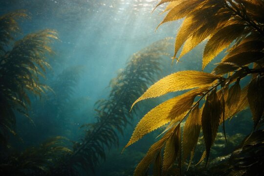 Luminous Macrocystis pyrifera kelp leaves beneath water featuring copy space