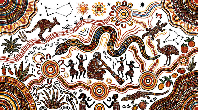 Vibrant aboriginal dot painting art depicts a dreamtime narrative with ancestral figures, animals, celestial bodies, and traditional symbols.