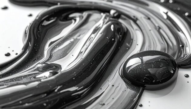 Glossy black paint with glitter swirls and droplets abstract texture macro shot