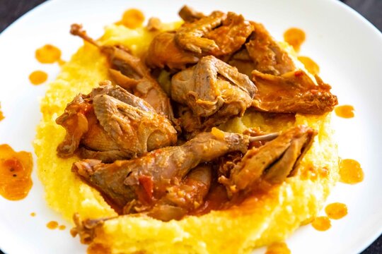 Traditional quail stew with polenta sauce