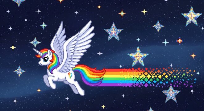 Pixel art unicorn flying through a starry space. Retro gaming and fantasy dream. White winged unicorn with rainbow mane leaving a pixelated trail across the galaxy