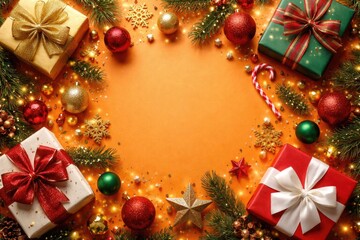 Obraz premium Holiday presents and radiant ornaments flat lay on vivid orange background featuring copy space