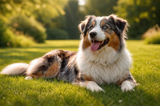 Content Australian Shepherd dog pet lying relaxed on fresh green lawn with full length summer view