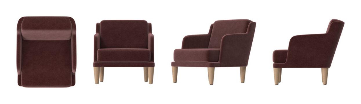 Elegant upholstered armchair with wooden legs, presented from multiple angles