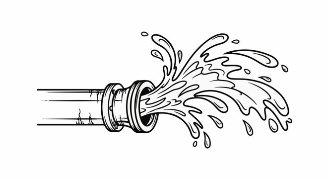 A black and white drawing of water gushing out of a pipe