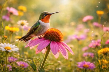 Obraz premium Energetic hummingbird clinging to a fresh flower in a blooming meadow