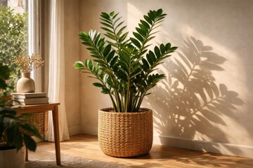 Fototapeta premium Home gardening aesthetic with Zamioculcas zamiifolia in textured wicker pot casting gentle shadows indoors