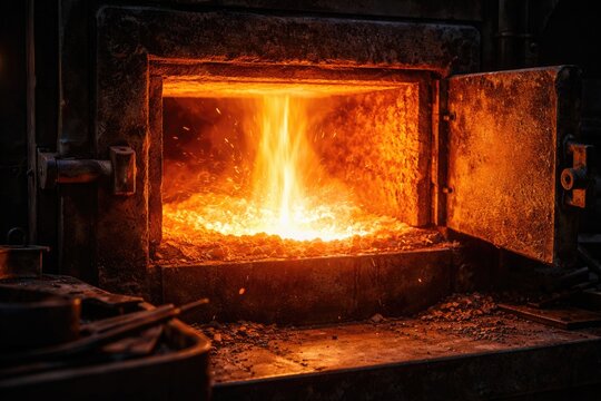 Bright fiery glow from metal melting inside an open muffle furnace