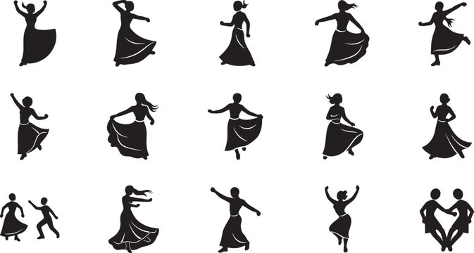 Black silhouette figures performing various yoga poses in a grid layout