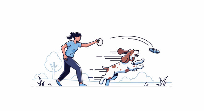 Woman throws frisbee for energetic dog playing outside in park