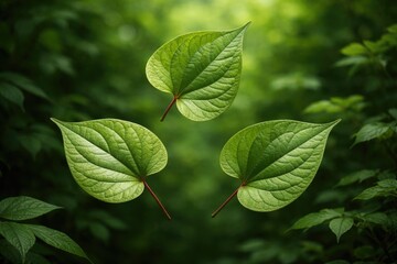 Obraz premium Houttuynia cordata leaves displayed individually on a rich verdant green backdrop