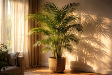 Obraz premium Indoor Areca palm soaking in gentle afternoon light with decorative shadows