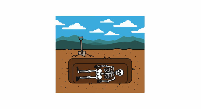 A cartoon skeleton lies in an open grave with a shovel nearby under a blue sky