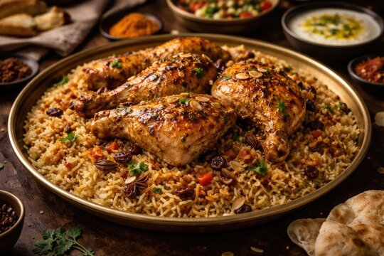 Authentic Middle Eastern chicken kabsa with savory rice mandi side