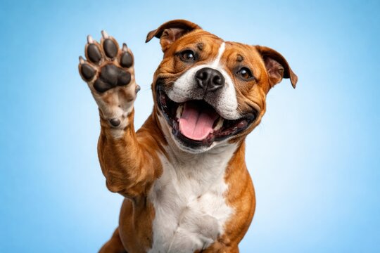 Happy Staffordshire dog striking a high five pose isolated on bright blue setting