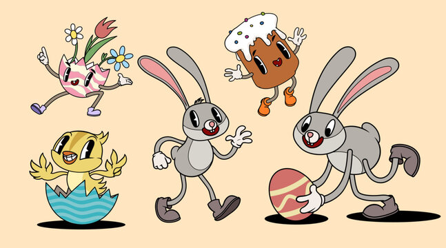 Groovy retro Easter cartoon characters set. Easter bunny, eggs, chick and glazed kulich (sweet bread) on light green check background. Vector illustrations.