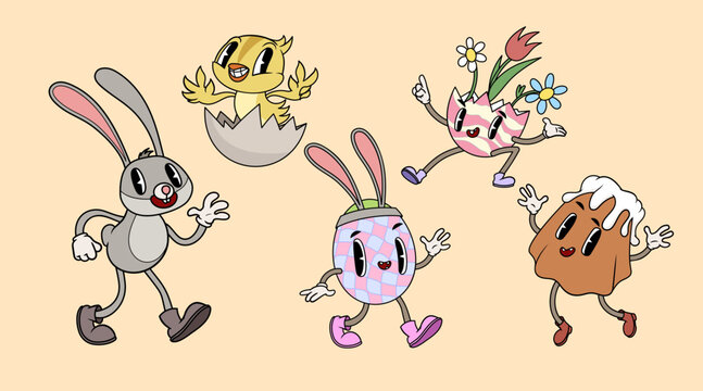 Groovy retro Easter cartoon characters set. Easter bunny, eggs, chick and glazed kulich (sweet bread) on light green check background. Vector illustrations.