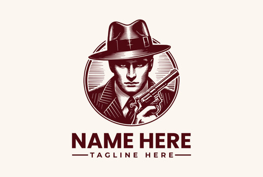 Vintage gangster logo with man holding gun.