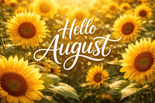 Cheerful Hello August message displayed on a rich golden sunflower backdrop
