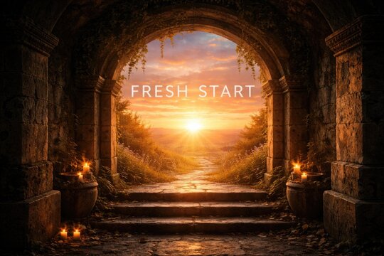 Bright sunset viewed from a crypt interior symbolizing fresh start with copy space