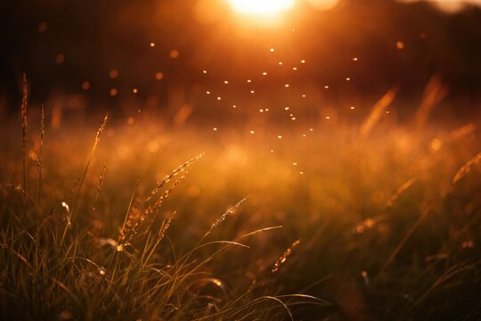 Evening sunlight casting warm tones on blurred grass with tiny gnats flying