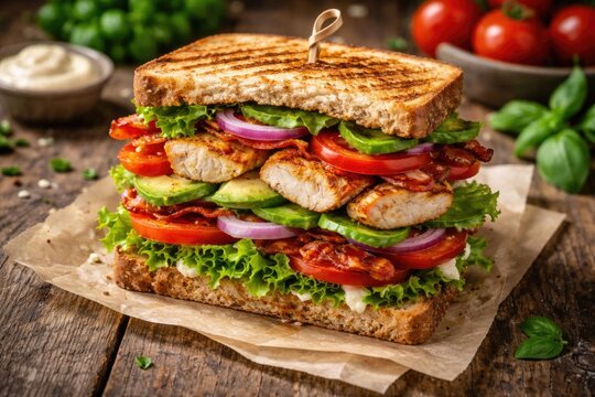 Flavorful chicken club sandwich layered with fresh salad ingredients on a vintage wooden surface