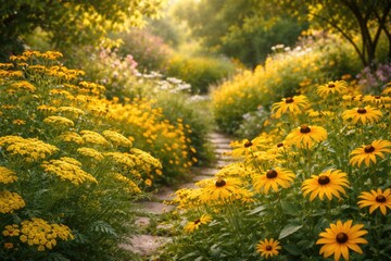Obraz premium Lush garden background with bright yellow blooms highlighting seasonal floral beauty