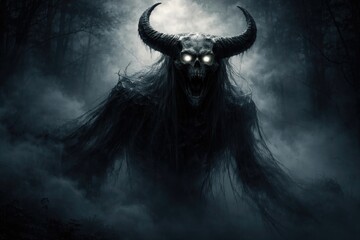 Naklejka premium Ghostly horned demon apparition in a gloomy fog filled night