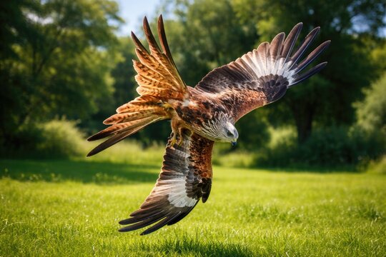 Cheerful pet red kite performing aerial acrobatics on a sunny summer day above green grass lawn full length view