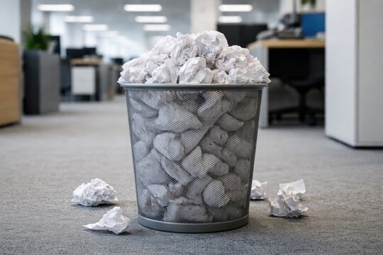 Garbage bin loaded with crushed paper under a neutral office background