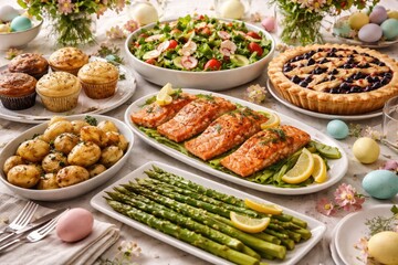 Fototapeta premium Easter meal showcasing salmon fillets, steamed asparagus, leafy salad, seasoned potatoes, muffins, and berry pie dessert