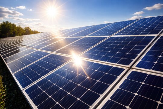 Array of solar panels illuminated by strong sun reflection