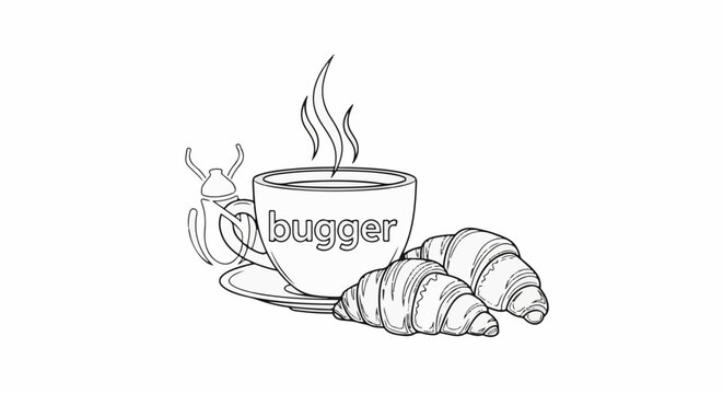 A steaming cup of coffee with "bugger" written on it, accompanied by croissants