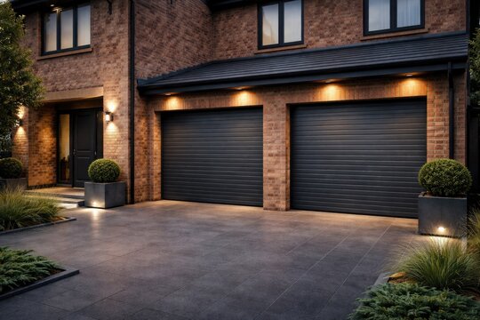 Integrated parking solution in a brick house with sleek grey roller shutter gates