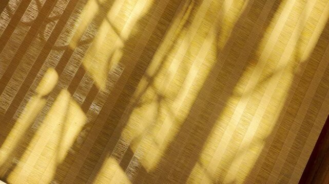Warm golden sunlight filters through a textured window blind, casting soft diagonal shadows. This glowing scene evokes a feeling of calm, peace, and domestic comfort. It is a quiet morning moment.