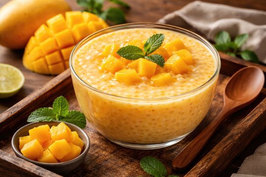 Delicious mango sago served chilled with mango cubes and mint leaves on rustic wooden tray