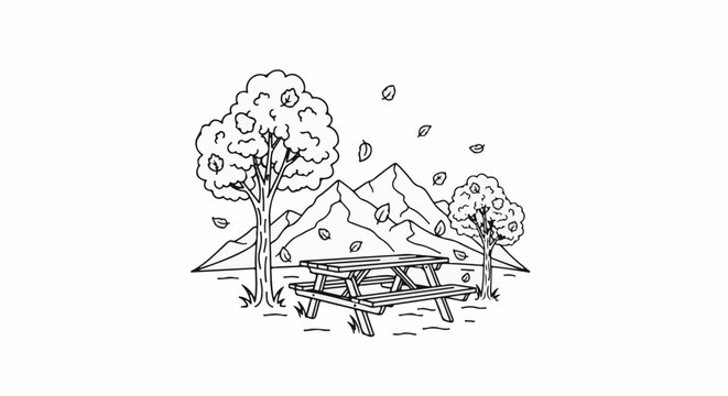 Autumn picnic scene with fallen leaves and mountain backdrop