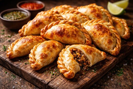 Handmade Argentine empanadas displayed closely on aged wooden surface