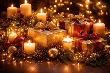 Obraz premium Festive display of candles gift boxes and ornaments for a warm holiday mood