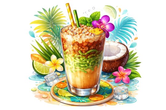 Iced coffee cendol cocktail shown with coaster in colorful vector illustration