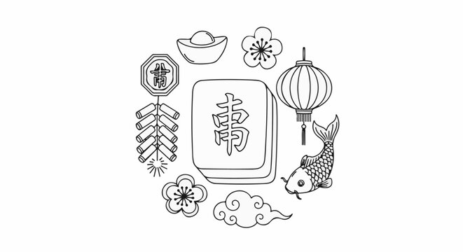 Traditional symbols of Chinese New Year, including a mahjong tile, lantern, and fireworks