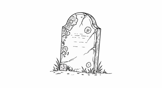 Cracked, weathered headstone covered in lichen, standing in grass