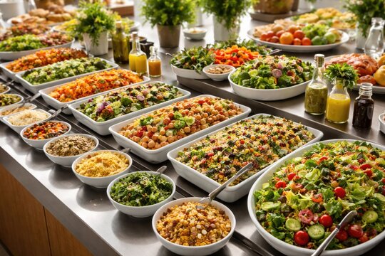 Buffet style salad bar with healthy vegetarian food and banquet catering available