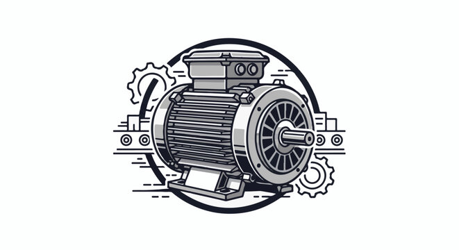 Detailed illustration of an industrial electric motor with surrounding gears and abstract factory elements