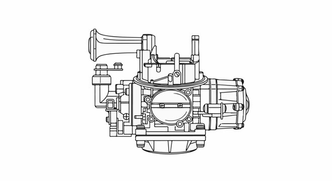 Detailed line drawing of a vintage automotive carburetor with a bell-shaped air intake