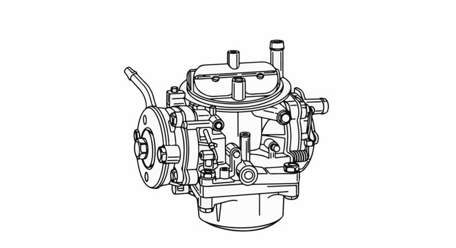 Detailed line drawing of an engine carburetor with multiple components and fittings